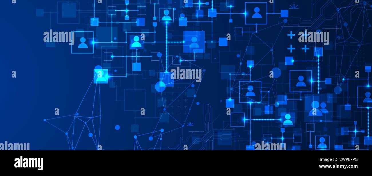 Représentation abstraite d'un réseau informatique et de ses utilisateurs sous forme d'icônes de personnes dans des carrés. Illustration vectorielle. Dessiné à la main. Illustration de Vecteur