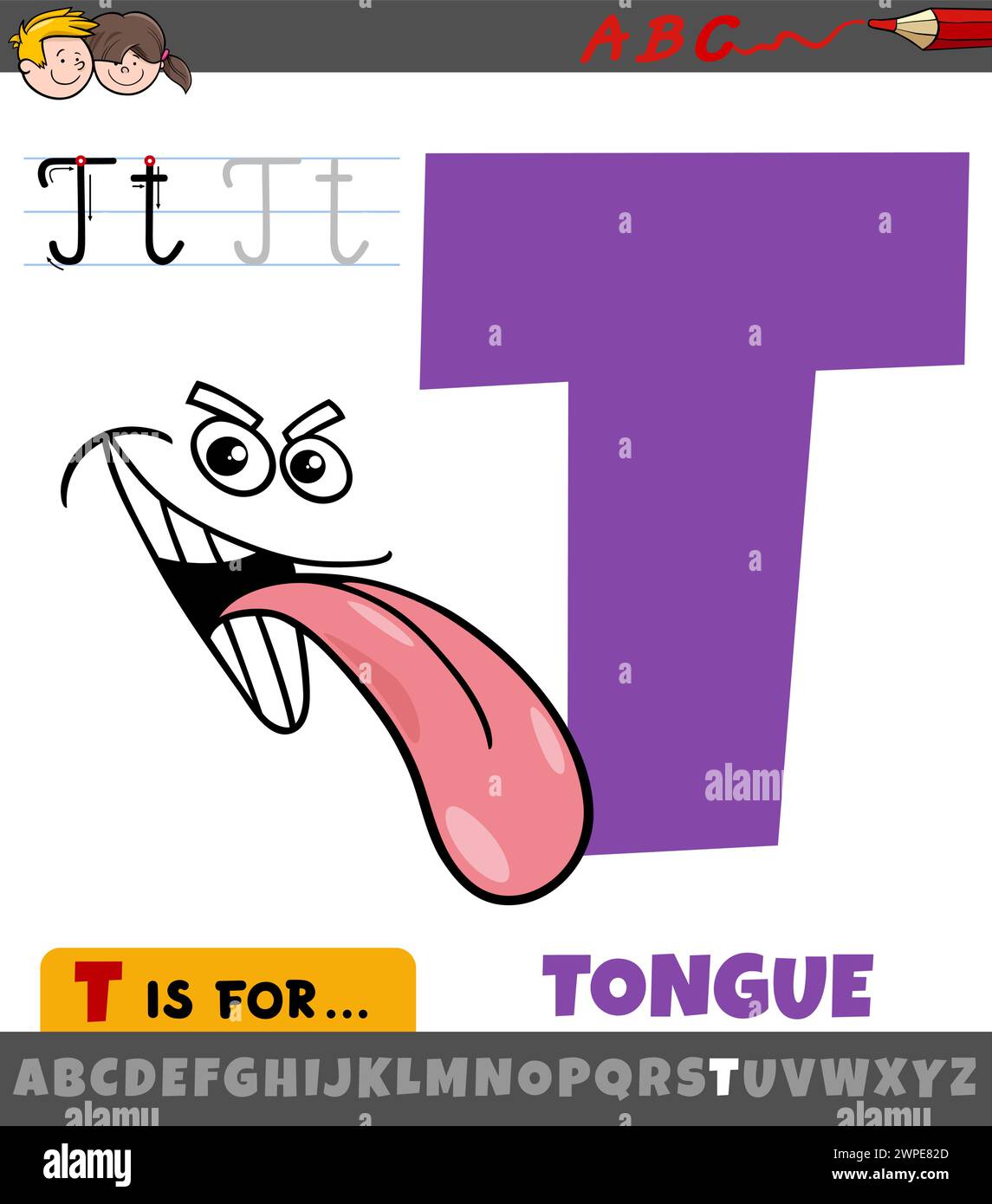 Illustration de dessin animé éducatif de la lettre T de l'alphabet avec langue Illustration de Vecteur