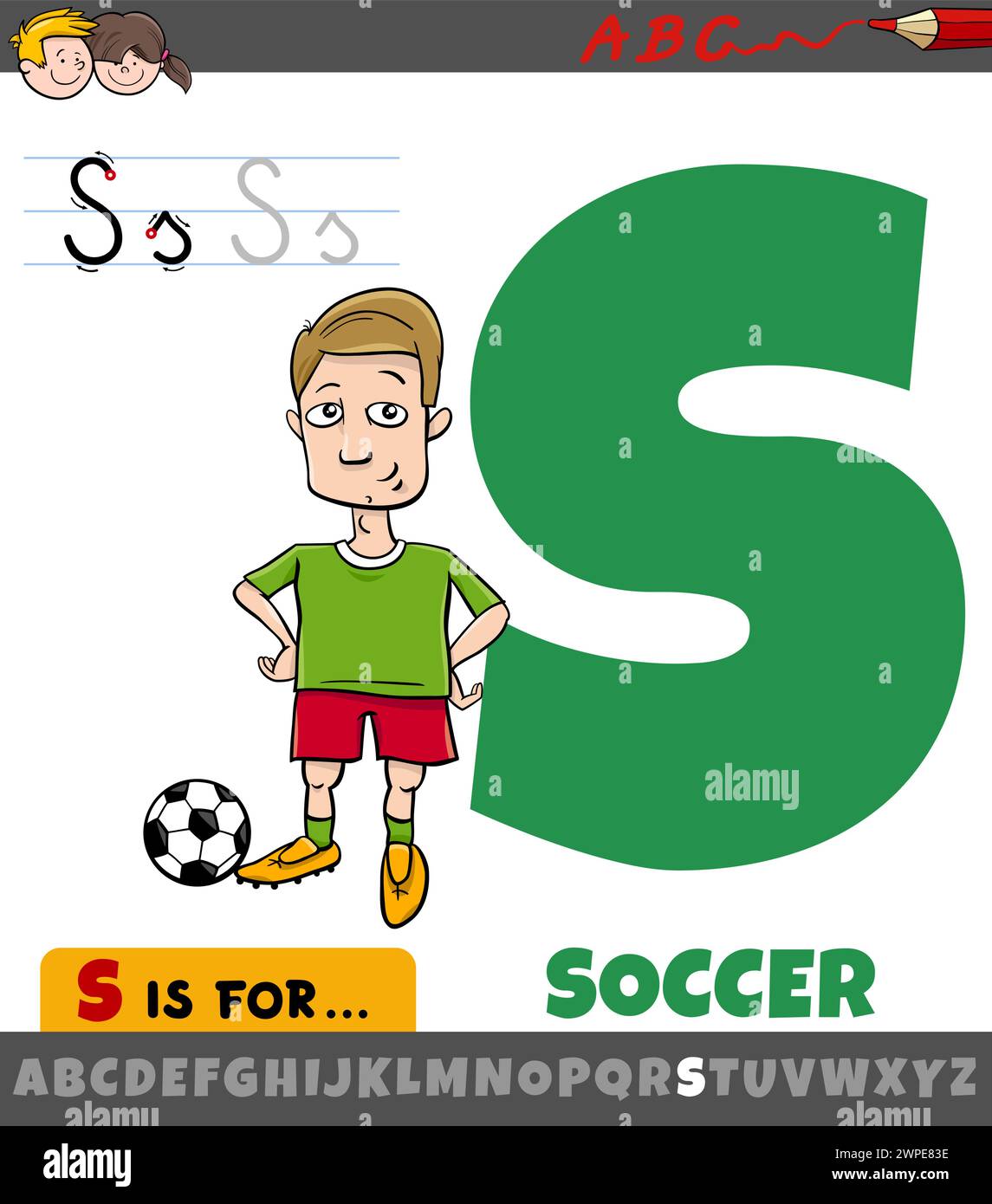 Illustration éducative de dessin animé de la lettre S de l'alphabet avec le sport de football Illustration de Vecteur
