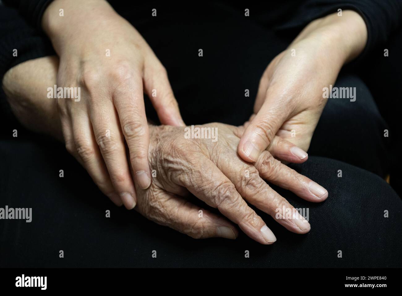 (240307) -- HARBIN, 7 mars 2024 (Xinhua) -- Zhang Wailing, la fille de Jiang Shumei, masse la main de sa mère à la maison dans le district de Beilin de la ville de Suihua, province du Heilongjiang au nord-est de la Chine, 5 mars 2024. Jiang Shumei, 87 ans, une grand-mère analphabète qui a appris à lire à l’âge de 60 ans, a peint plus de 300 peintures et publié 6 livres, réalisant une transformation étonnante dans ses années crépusculaires. Né dans le comté de Juye de la province chinoise du Shandong en 1937, Jiang vit actuellement dans la ville de Suihua de la province chinoise du Heilongjiang. En 1996, le mari de Jiang meurt dans un accident de la route. Afin de Banque D'Images