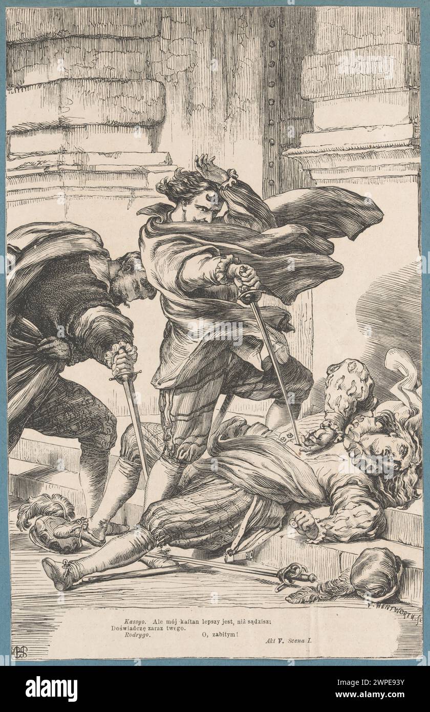 Illustration du meurtre de Rodryg créée entre 1876 et 1890 par Frederick Wentworth et Henry Courtney Selous, représentant la scène violente avec des figures et un décor. Banque D'Images