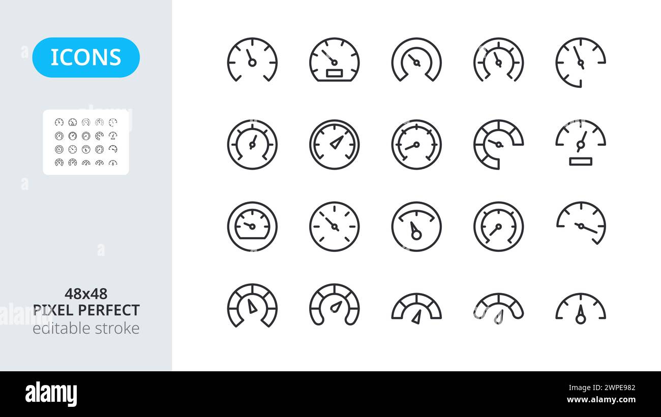 Icônes du compteur de vitesse. Tableau de bord pour jauge dans une voiture. Test de vitesse Internet. Indicateur tachymètre, voltmètre et instruments de mesure. Symboles de ligne. Contour modifiable, pixel parfait 48x48. Illustration de Vecteur