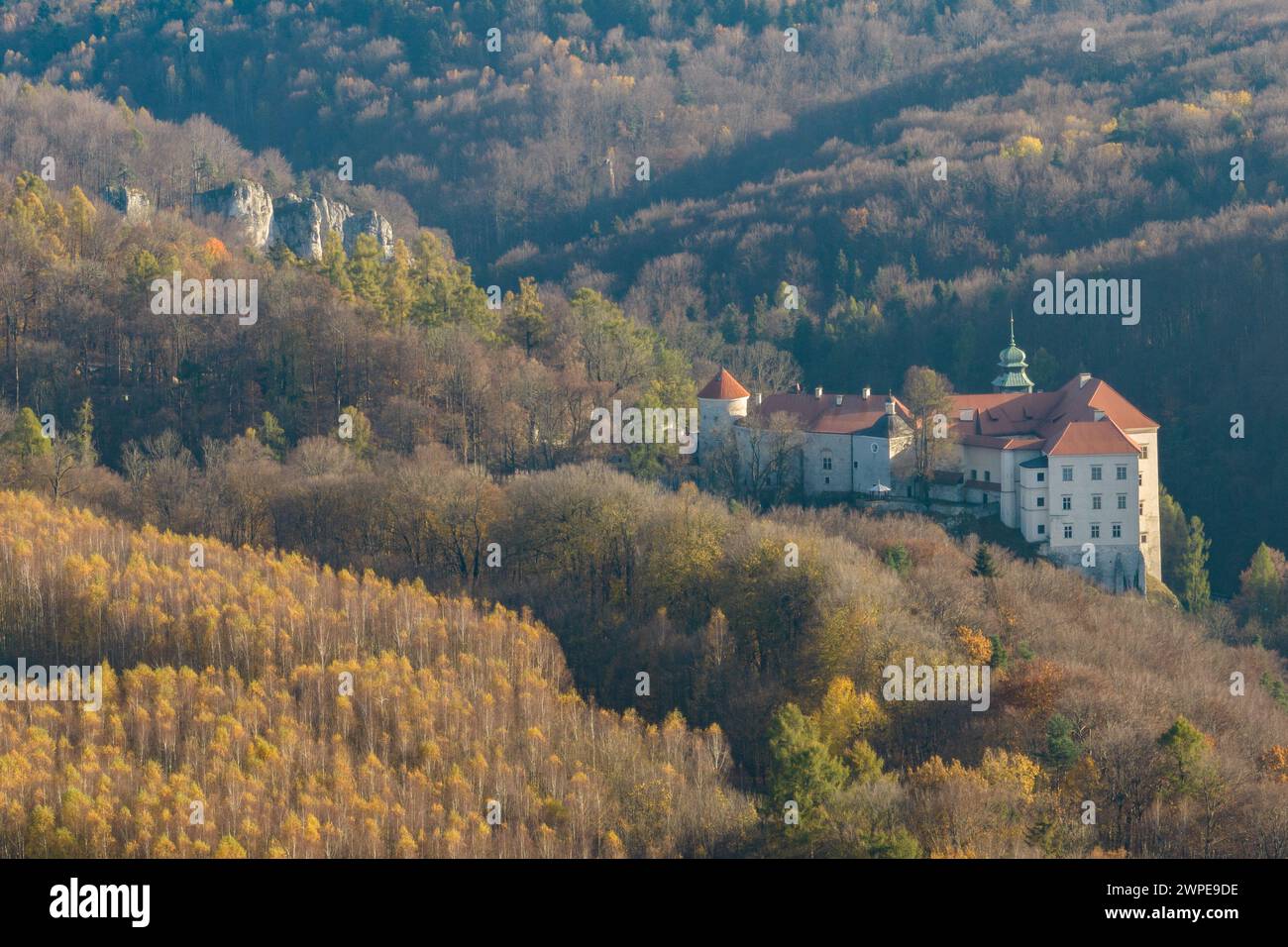 Château historique Pieskowa Skala près de Cracovie en Pologne. Vue aérienne en été. Vue aérienne par drone du château de Pieskowa Skala, parc national d'ojcow, Pologne. Banque D'Images