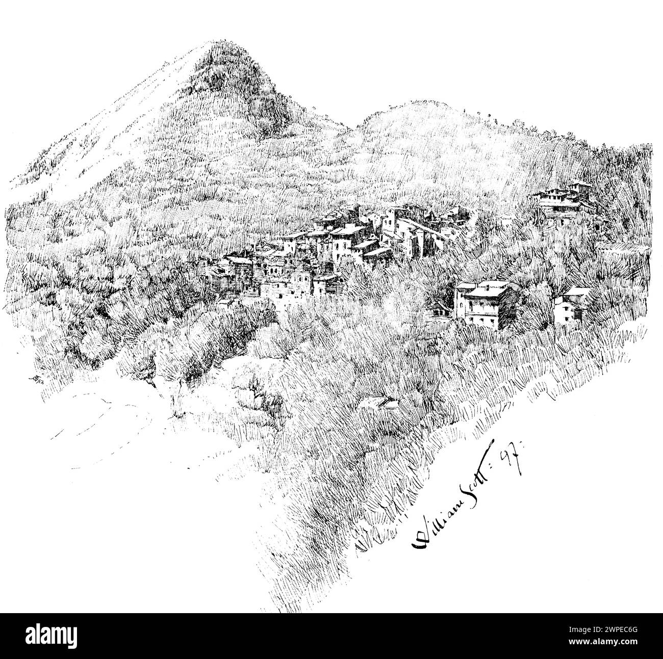 Monte San Biaggio, Italie, dessin de paysage au trait de 1897 par William Scott Banque D'Images