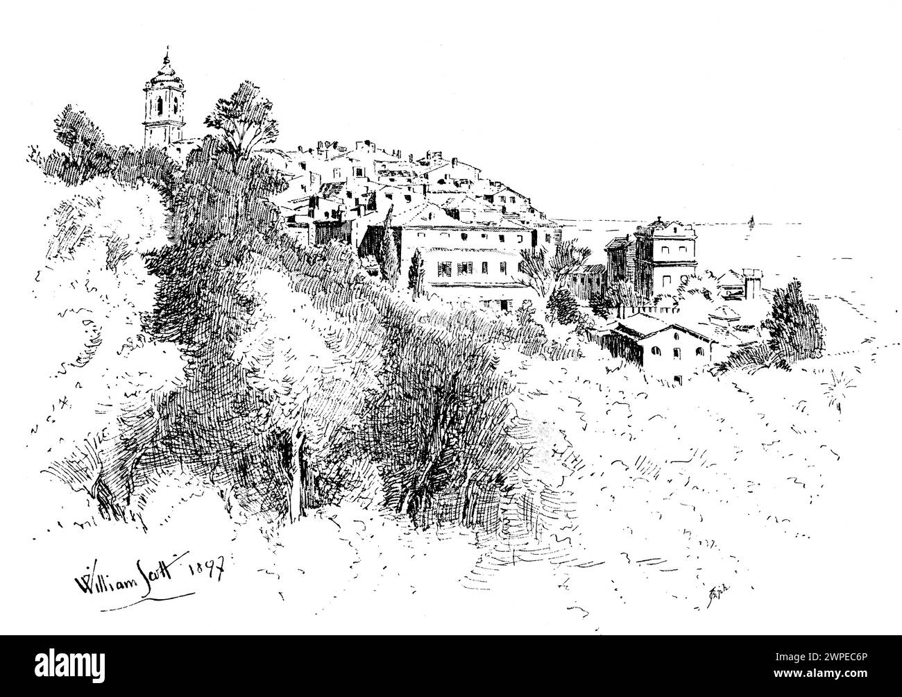 Bordighera de l'est, dessin de paysage de 1897 lignes par William Scott Banque D'Images Bordighera de l'est, dessin de paysage de 1897 lignes par William Scott Banque D'Images