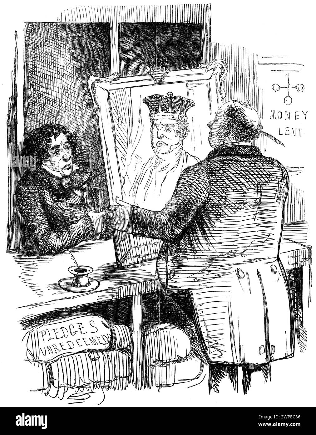 Le cas absurde récent de la promesse, caricature montrant le chancelier Benjamin Disraeli dans le prêteur sur gage, promettant le portrait du protectionniste premier ministre Lord Derby à partir de 1 Banque D'Images