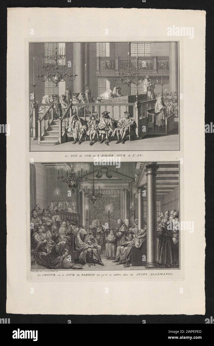 Deux illustrations de Bernard Picart de 1725 représentant des rituels juifs, dont le son du shofar le premier jour de l'année et les cérémonies pour Yom Kippour, le jour des Expiations. Banque D'Images