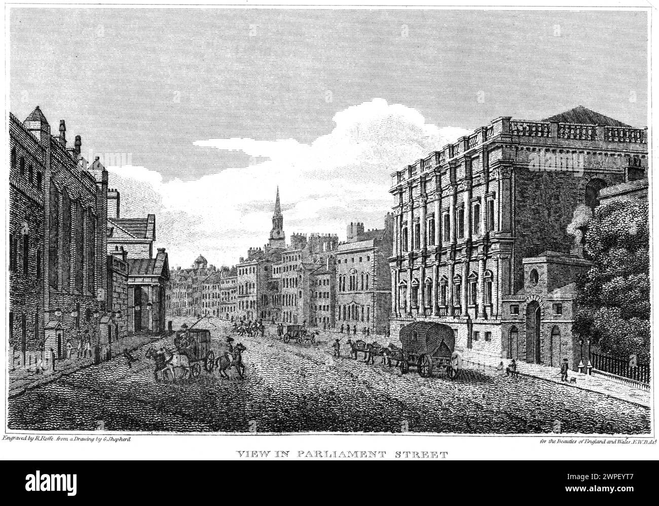 Gravure intitulée View in Parliament Street (montrant Whitehall, The treasury &c, Westminster, Londres Royaume-Uni numérisée en haute résolution à partir d'un livre de 1815. Banque D'Images
