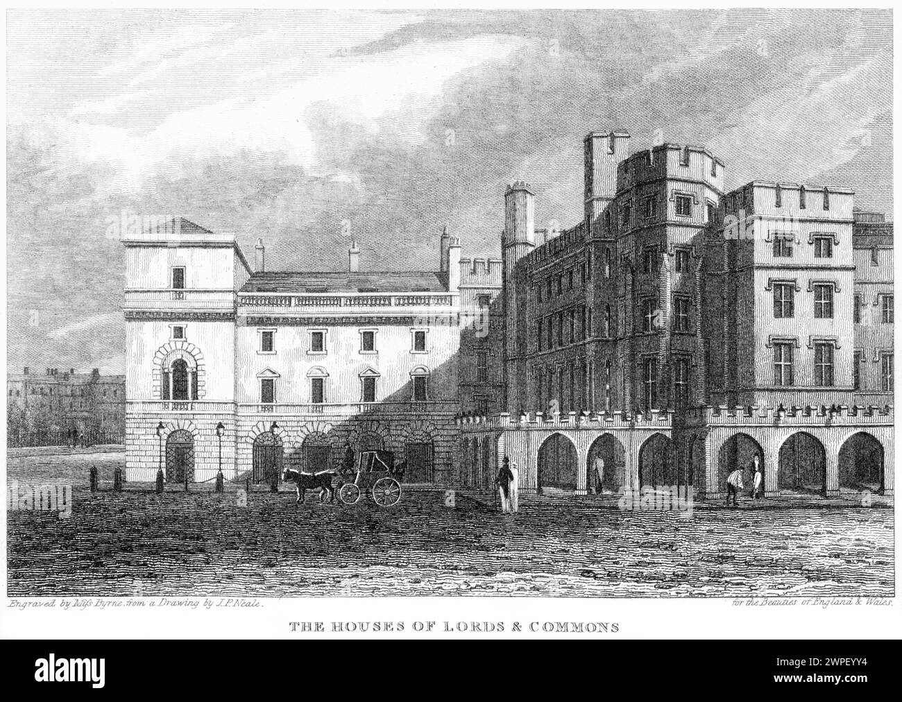 Une gravure intitulée The Houses of Lords & Commons, Londres, Royaume-Uni, a été numérisée à haute résolution à partir d'un livre publié vers 1815. Banque D'Images