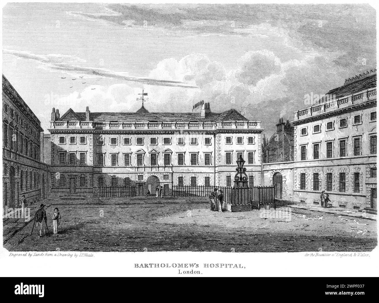 Une gravure intitulée St Bartholomews Hospital, London UK, numérisée à haute résolution à partir d'un livre publié vers 1815. Banque D'Images
