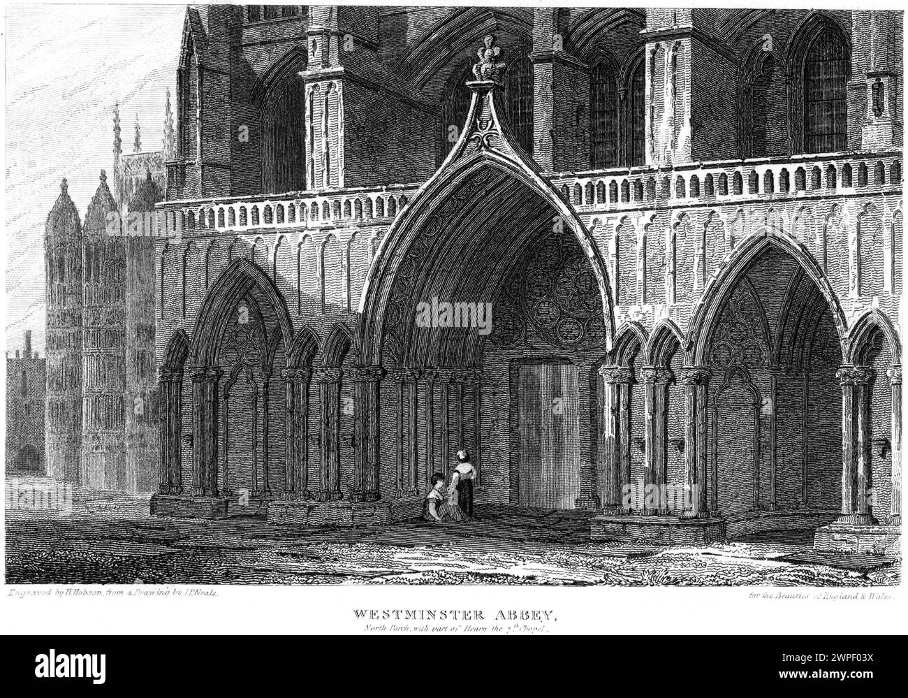 Gravure intitulée Westminster Abbey, porche nord avec une partie de Henry la 7ème Chapelle, Londres Royaume-Uni numérisée à haute résolution à partir d'un livre publié en 1815. Banque D'Images