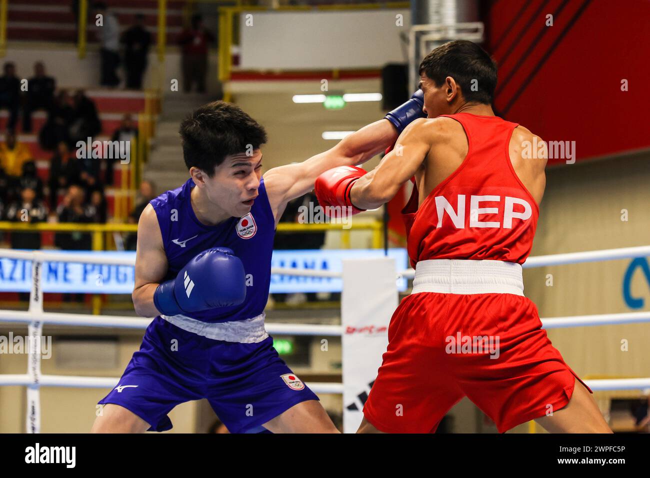 Busto Arsizio, Italie. 06 mars 2024. Tomoya Tsuboi (Bleu) du Japon en action contre Chandra Bahadur Thapa (Rouge) du Népal lors du 1er tournoi qualificatif mondial Boxing Road to Paris combat entre Chandra Bahadur Thapa (Rouge) du Népal et Tomoya Tsuboi (Bleu) du Japon à E-Work Arena. (Photo de Fabrizio Carabelli/SOPA images/Sipa USA) crédit : Sipa USA/Alamy Live News Banque D'Images