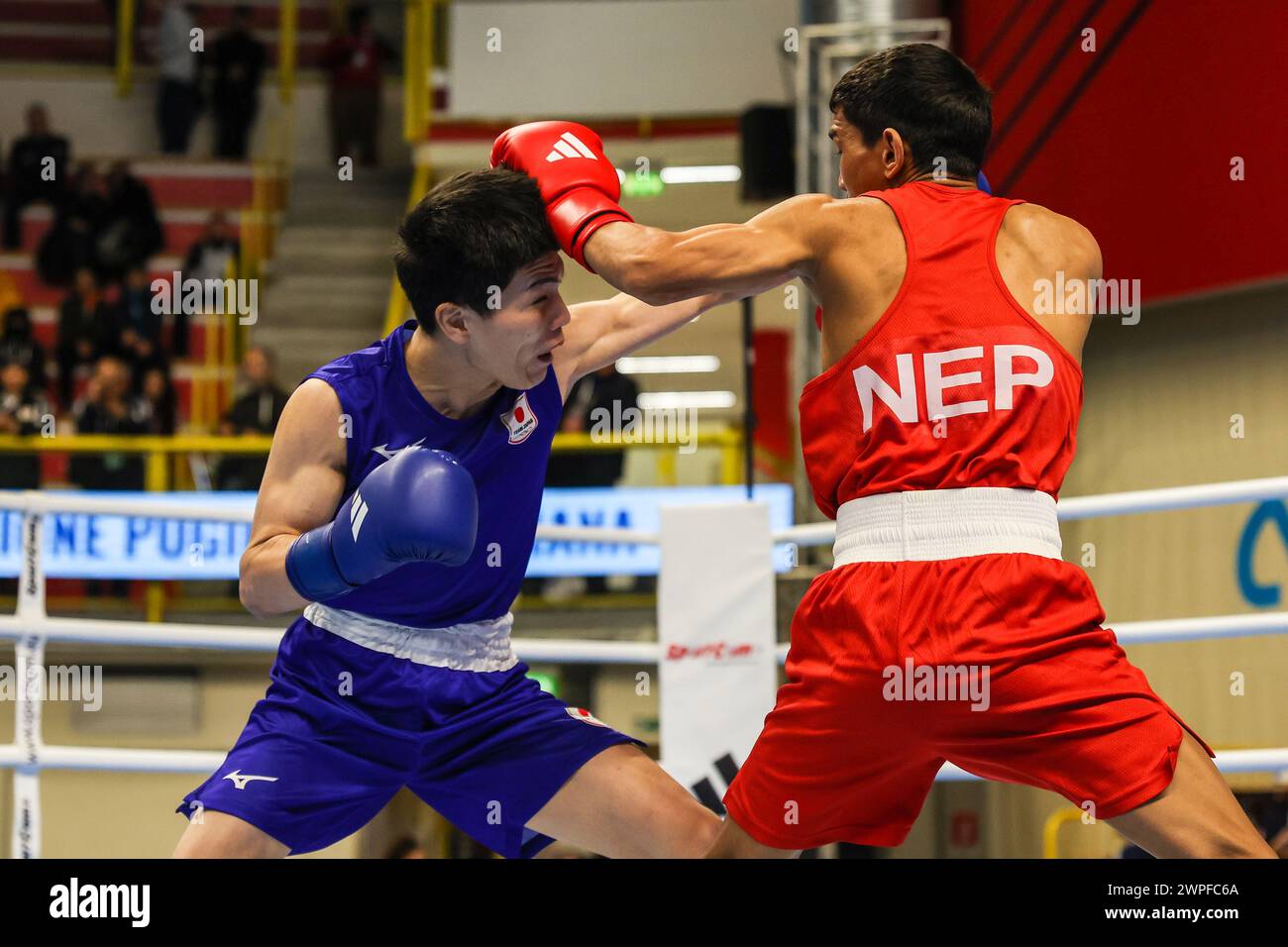 Busto Arsizio, Italie. 06 mars 2024. Tomoya Tsuboi (Bleu) du Japon en action contre Chandra Bahadur Thapa (Rouge) du Népal lors du 1er tournoi qualificatif mondial Boxing Road to Paris combat entre Chandra Bahadur Thapa (Rouge) du Népal et Tomoya Tsuboi (Bleu) du Japon à E-Work Arena. (Photo de Fabrizio Carabelli/SOPA images/Sipa USA) crédit : Sipa USA/Alamy Live News Banque D'Images