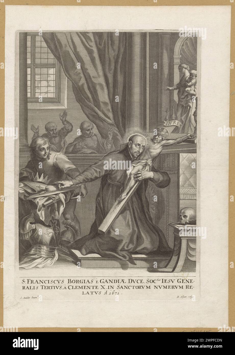 Gravure de 1671 de Franciszek Borgia par Bartholomäus II Kilian avec Baldus, représentant la figure religieuse en tenue traditionnelle. Banque D'Images