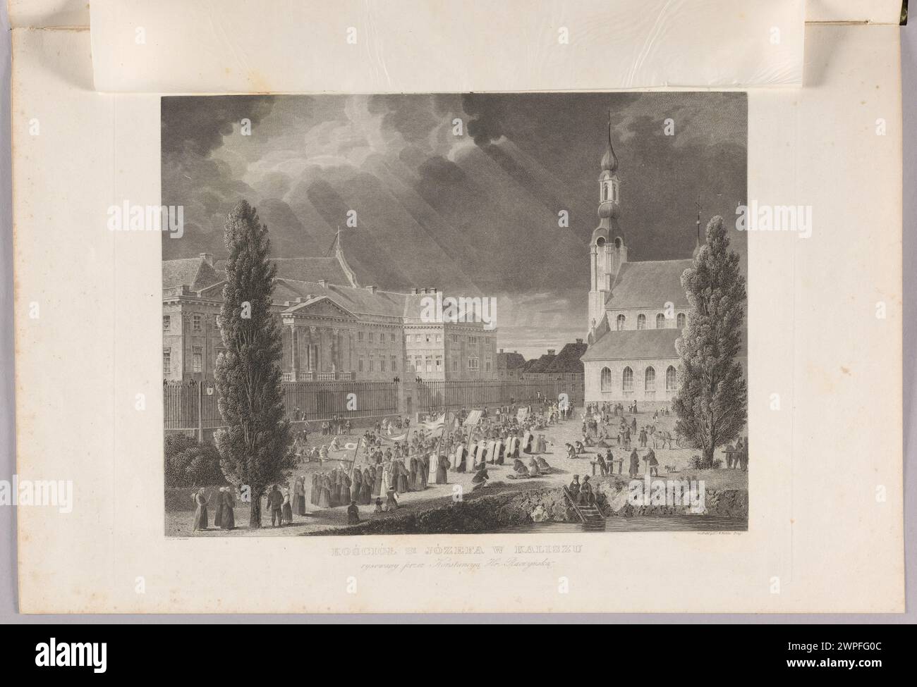 Lithographie de Joseph Church in Kalisz par Georg Döbler, Eudard Gärtner et Konstancja Raczyńska, imprimée en 1842 à l'imprimerie Downner, illustrant l'architecture de l'église et les détails intérieurs. Banque D'Images