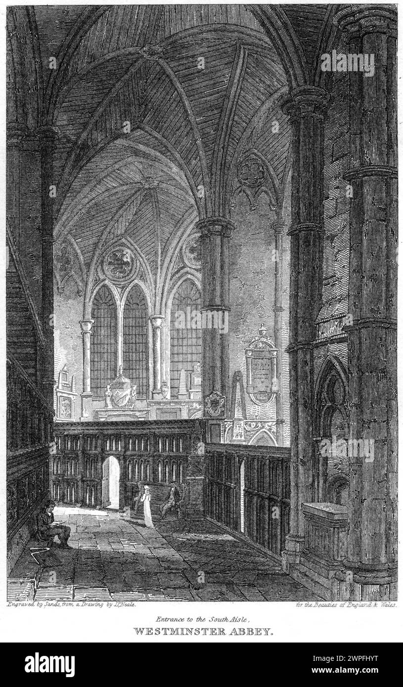 Une gravure intitulée Entrance to the South Aisle, Westminster Abbey, Londres Royaume-Uni, est extraite à haute résolution d'un livre publié vers 1815. Banque D'Images