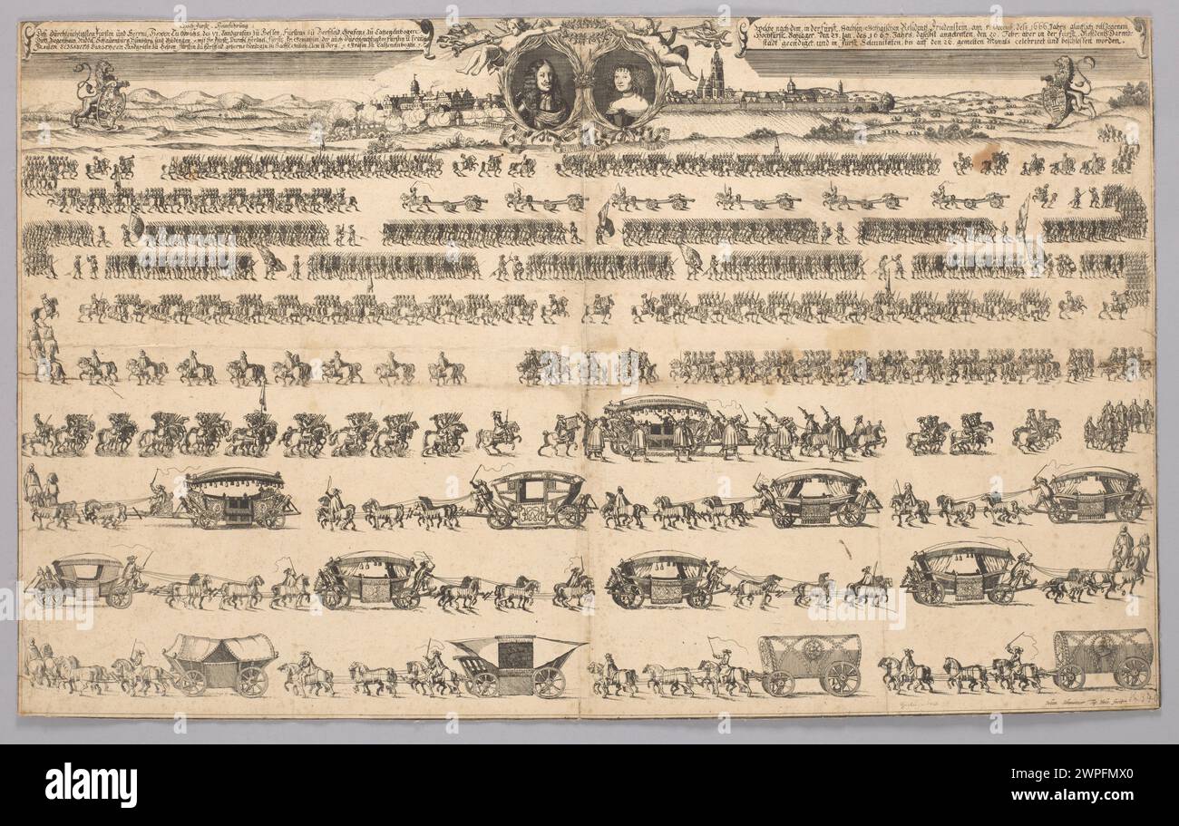 Une représentation de 1667 par Johann Schweizer montrant l'entrée cérémonielle de Ludwik VI von Hessen-Darmstadt et Elisabeth Dorota von Sachsen-Gotha-Altenburg à Darmstadt. Banque D'Images