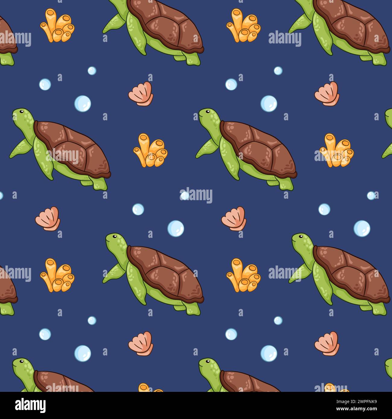 Motif sans couture d'été avec tortue animale sous-marine. Style dessin animé. Coquillage, corail, algues, bulles. Illustration vectorielle sur un fond bleu. Illustration de Vecteur
