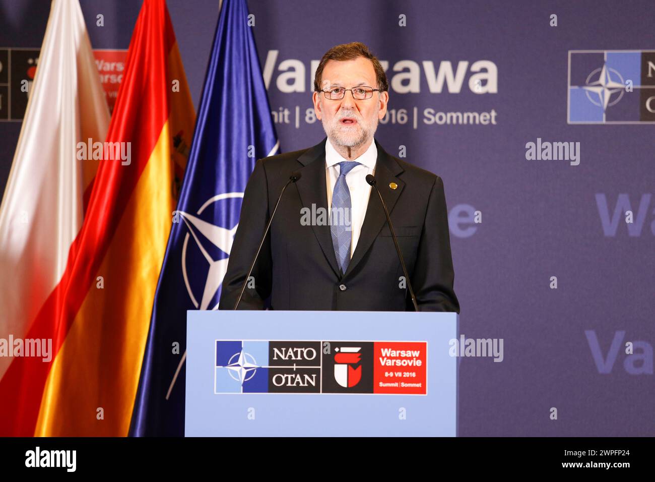 Le premier ministre espagnol Mariano Rajoy au stade Nationan de Varsovie, Pologne, lors du sommet de l'OTAN. Banque D'Images