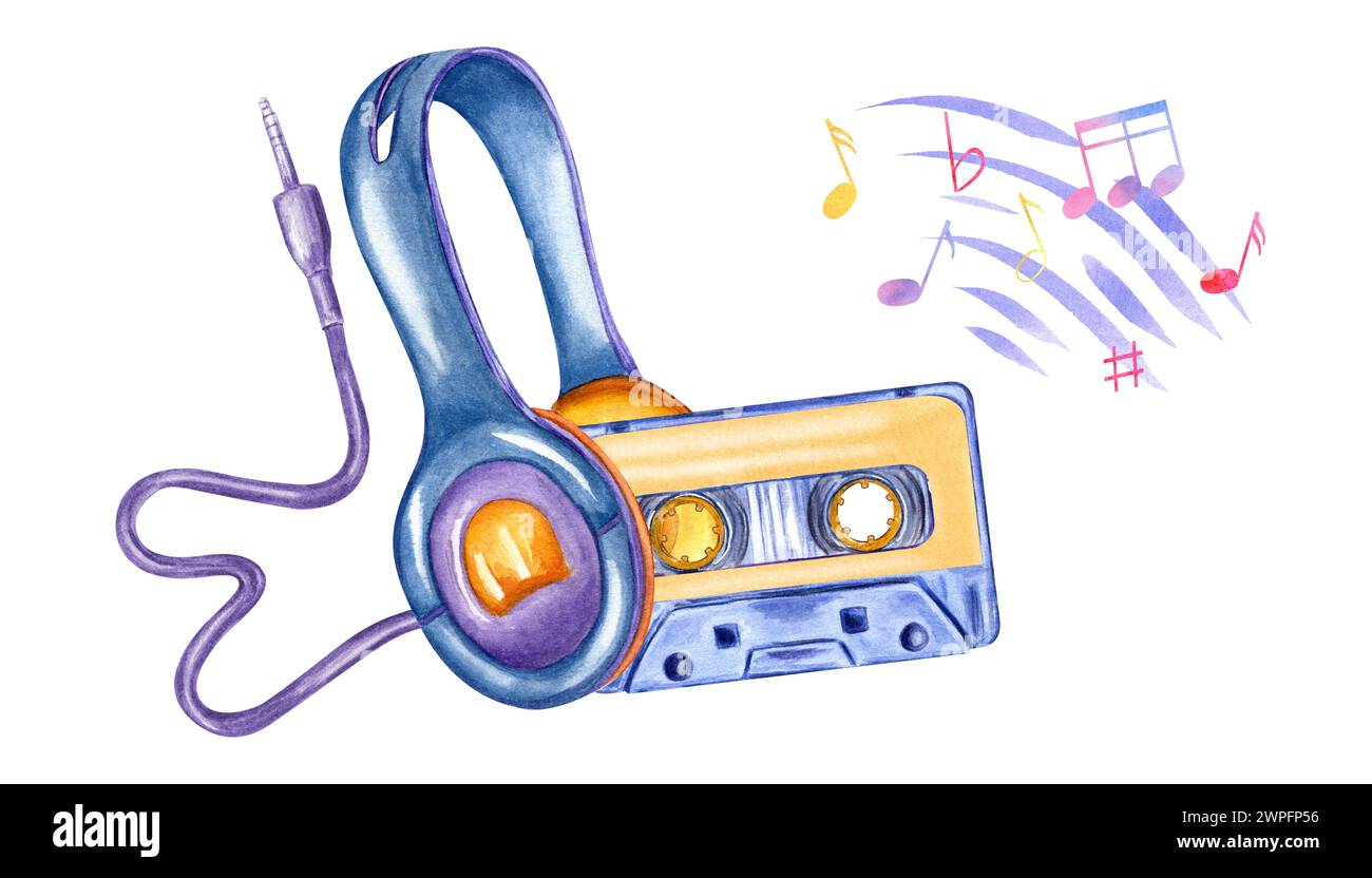 Les écouteurs sont câblés. Cassette audio. Câble avec connecteur. Sons de musique et notes de musique. Eléments de notes multicolores musicales. Banque D'Images