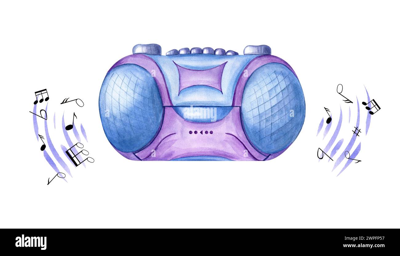 Lecteur de boombox à cassette. Équipement multimédia rétro. Appareil bleu violet, sons de musique et notes. Magnétophone pour écouter de la musique. style années 90, années 2000. Banque D'Images