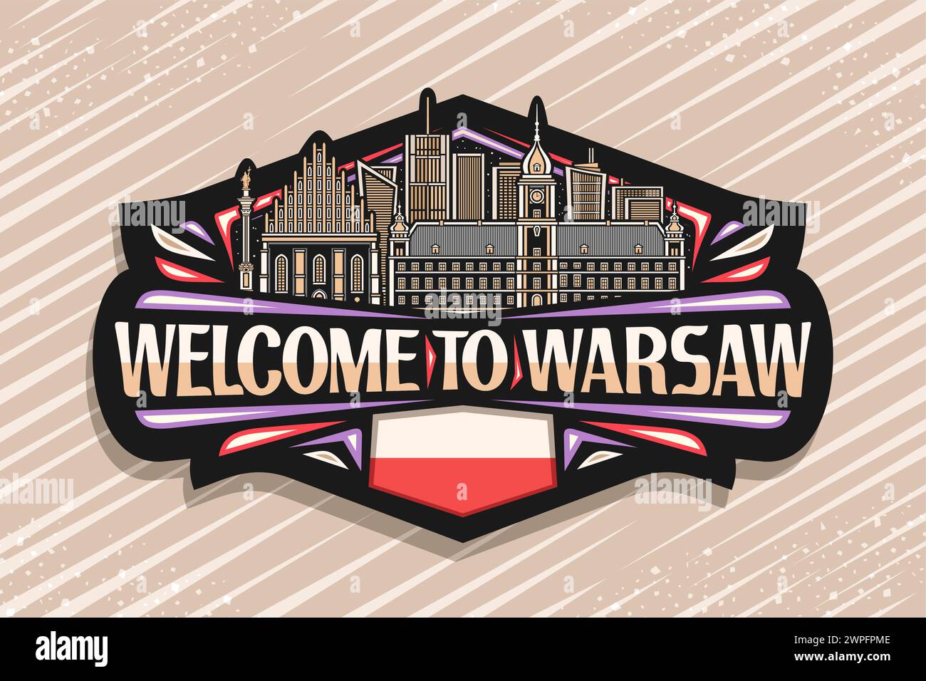 Logo vectoriel pour Varsovie, signalisation décorative noire avec illustration du célèbre paysage de la ville européenne de varsovie sur fond de ciel nocturne, design d'art au trait R Illustration de Vecteur
