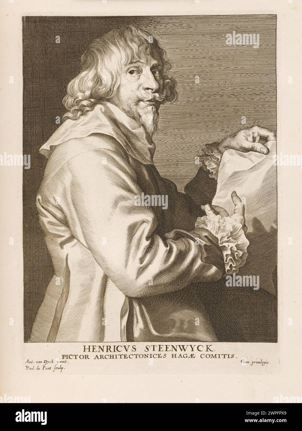 Portrait de Henricus Steenwyck par Paulus Pontius, Anthony Van Dyck et Gillis Hendricx (1645-1646) montrant un style baroque, un costume détaillé et des traits du visage réalistes. Banque D'Images