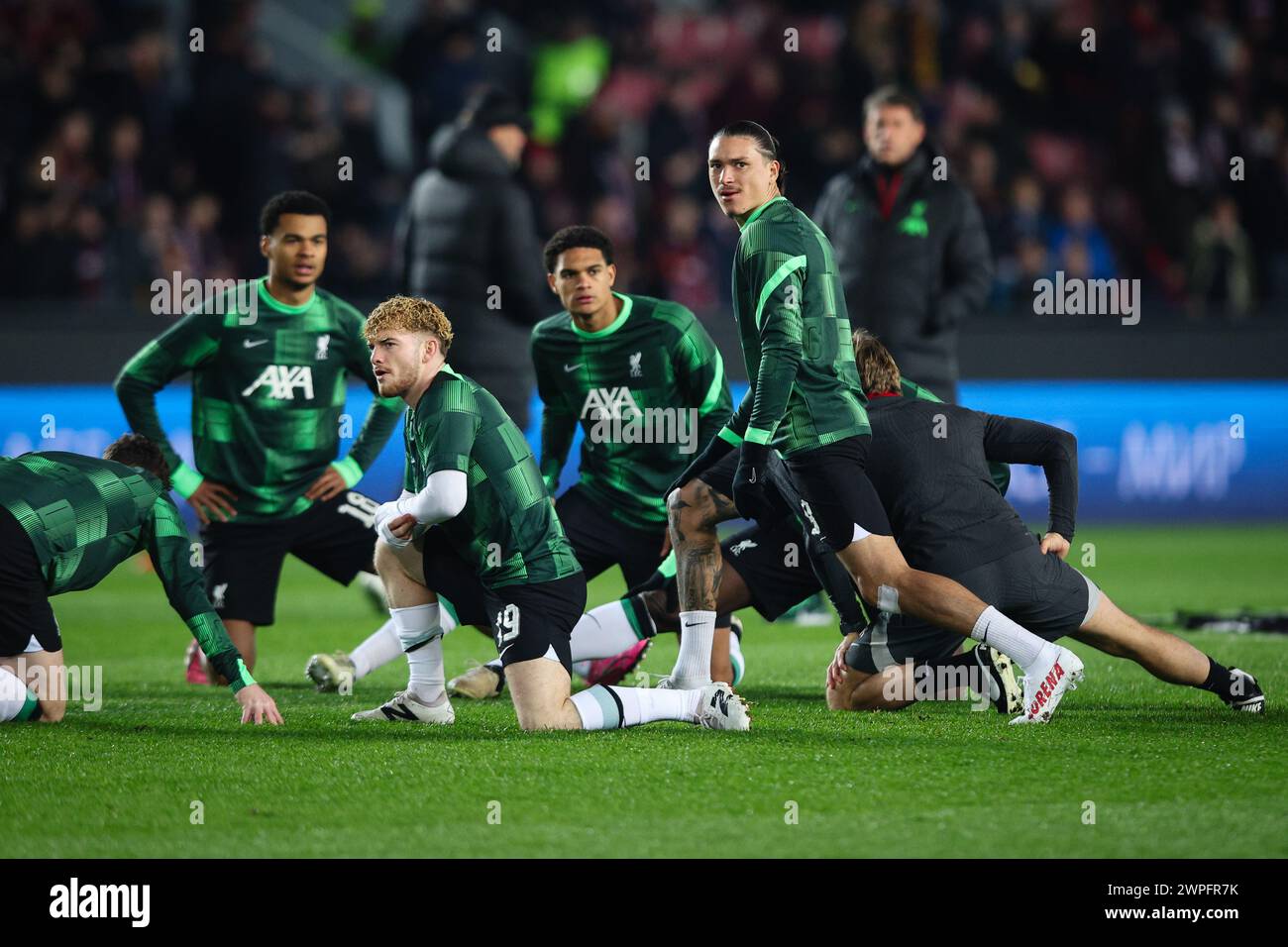 PRAGUE, RÉPUBLIQUE TCHÈQUE - 7 mars 2024 : joueurs de Liverpool lors de l'échauffement avant le match de l'UEFA Europa League entre le Sparta Praha et le Liverpool FC au Stadion Letna (crédit : Craig Mercer/ Alamy Live News) Banque D'Images