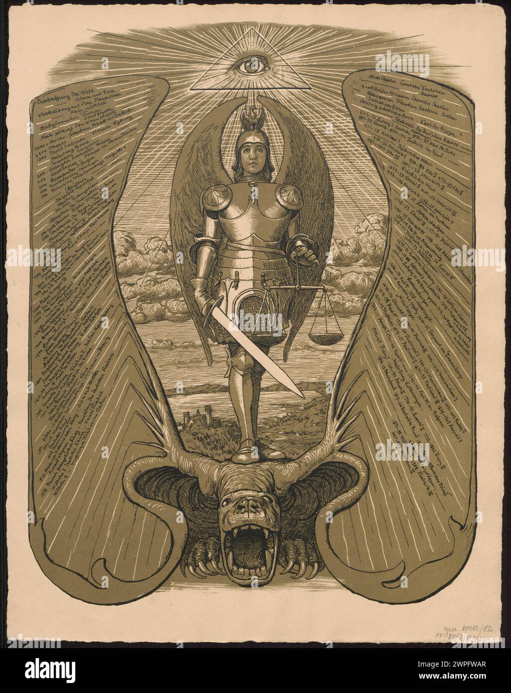 Une page de calendrier de 1901 dessinée par Hans Thoma représentant Saint Michel l'Archange, présentant l'iconographie du jugement dernier, des dragons et des échelles symboliques. Banque D'Images