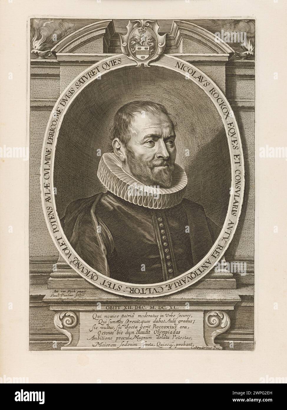 Portrait de Nicolaus Rockox réalisé entre 1645 et 1646, associé aux artistes Paulus Pontius, Anthony van Dyck et Gillis Hendricx, représentant une tenue habillée et des traits du visage typiques des portraits flamands du XVIIe siècle. Banque D'Images