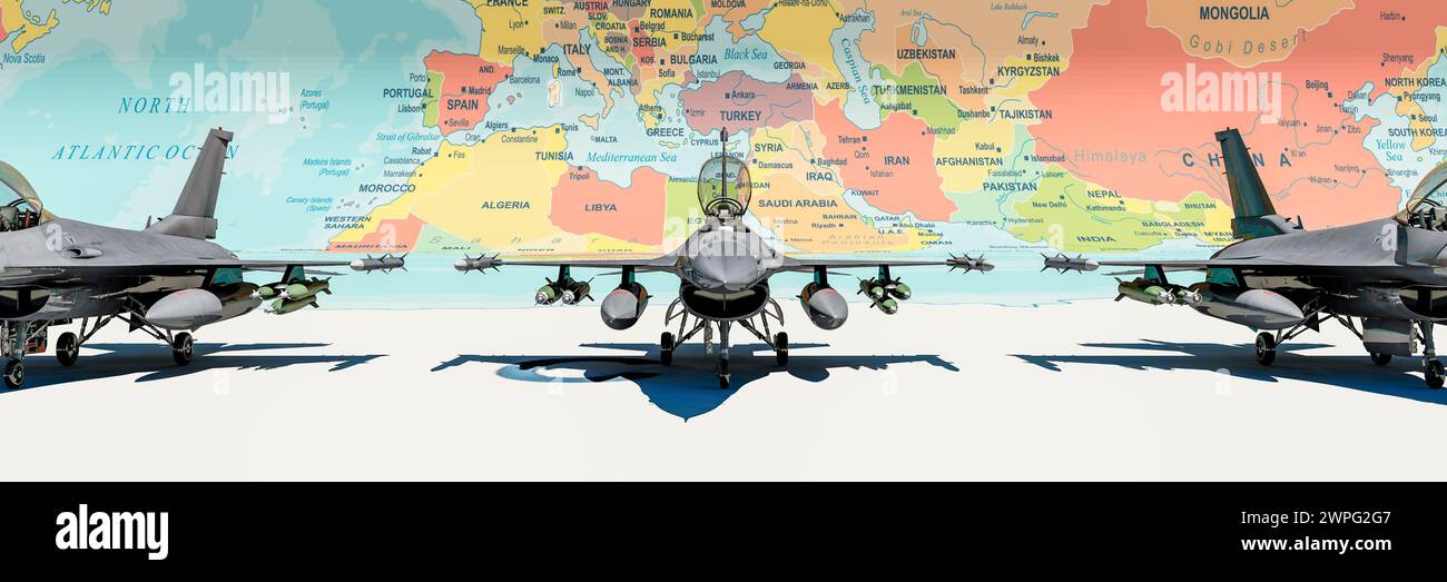 Des jets de chasse positionnés sur une carte stratégique mondiale mettant en évidence les frontières internationales Banque D'Images