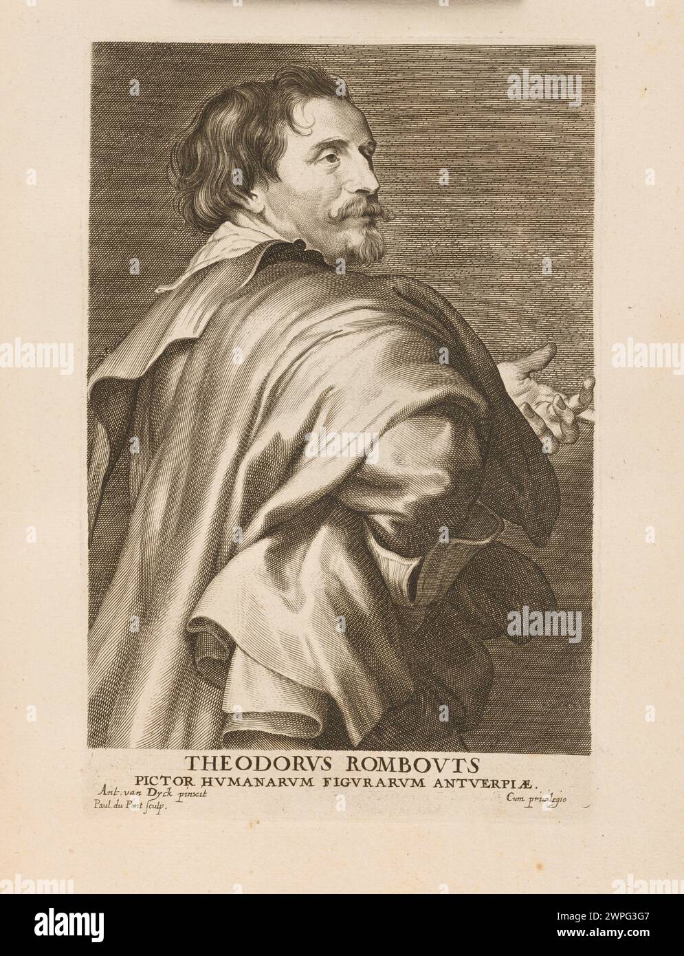 Portrait de Theodoor Rombouts réalisé entre 1645 et 1646, impliquant Paulus Pontius, Anthony van Dyck et Gillis Hendricx, reflétant un portrait flamand du XVIIe siècle avec des éléments de style baroque. Banque D'Images