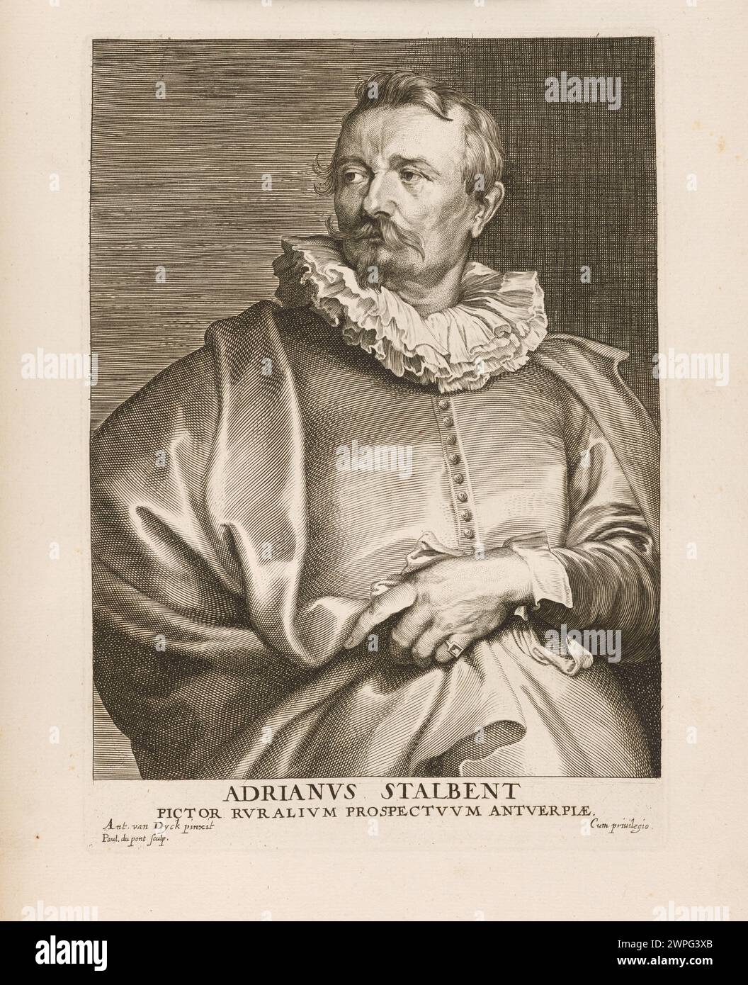 Portrait d'Adrianus Stalbent peint par Paulus Pontius, Anthony Van Dyck et Gillis Hendricx entre 1645 et 1646, montrant des techniques de portrait baroque, des vêtements détaillés et une expression faciale réaliste. Banque D'Images