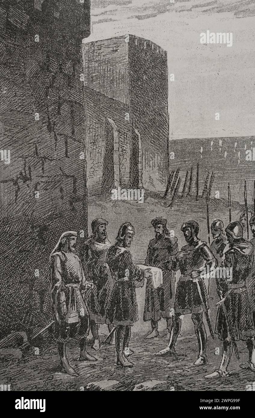 Charles II (1254-1309), roi de Naples (1285-1309), déclara la guerre à Jacques II d'Aragon (1267-1327) en 1289. Le roi d'Angleterre est intervenu et une trêve a été convenue au début du siège naval de Gaeta. Jacques et Charles d'Anjou convenant d'une trêve à côté des murs de Gaeta. Gravure, XIXe siècle. 'Glorias Españolas' (Glories d'Espagne). Volume II. Publié à Barcelone, 1890. Banque D'Images