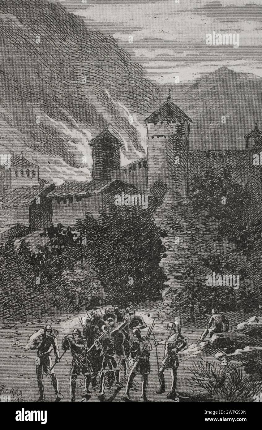 Croisade contre la Catalogne menée par Philippe III de France. Incendie de Peralada en 1285, lors de l'invasion du roi de France Philippe le Téméraire (1245-1285). En raison de la pénurie de nourriture dans la ville de Peralada, le roi Pierre III d'Aragon, Dalmau de Rocabertí, les comtes de Pallars, Urgell, Cardona et d'autres nobles se rencontrent et décident de partir. Lorsque les Almogavars partent, ils exécutent les ordres de Dalmau de Rocabertí pour que Peralada soit incendiée et détruite. Incendie de Peralada ordonné par son propre seigneur, Dalmau de Rocabertí (d. 1304). Gravure de Serra Pausas. 'Glorias Españolas' (Glories d'Espagne). Volume I Banque D'Images