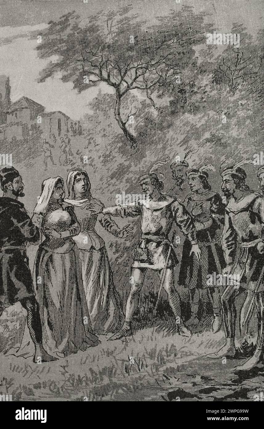 Vêpres siciliennes, 1282. Massacre des Français en Sicile. La tradition établit l'origine de la rébellion du 30 mars 1282 dans l'église du Saint-esprit à Palerme, où le lundi de Pâques était célébré. Beaucoup d'habitants de la ville s'y étaient rassemblés la prière du coucher du soleil marquant le début de la veillée nocturne. Sur la place à côté de l'église, les fidèles attendaient que les Vêpres commencent lorsqu'un groupe de Français ivres, dont l'un est un sergent, s'approcha d'une jeune femme mariée et commença à la harceler. Son mari l'a poignardé en réponse. Le reste des Français est venu à son aide A. Banque D'Images