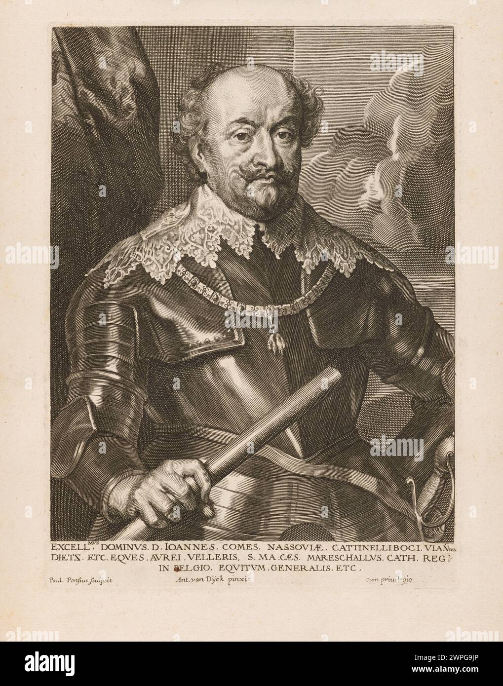 Portrait de Johann VIII zu Nassau-Szegen par Paulus Pontius, Anthony Van Dyck et Gillis Hendricx, réalisé en 1645-1646, montrant le noble avec une robe formelle et des insignes symboliques. Banque D'Images