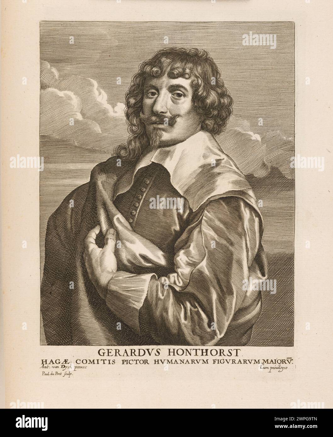 Portrait de Gerardus Honthorst, gravé par Paulus Pontius d'après Anthony van Dyck, publié par Gillis Hendricx entre 1645 et 1646. Cette œuvre fait partie de la série 'icones Principum Virorum', mettant en vedette des personnalités de l'époque. Banque D'Images