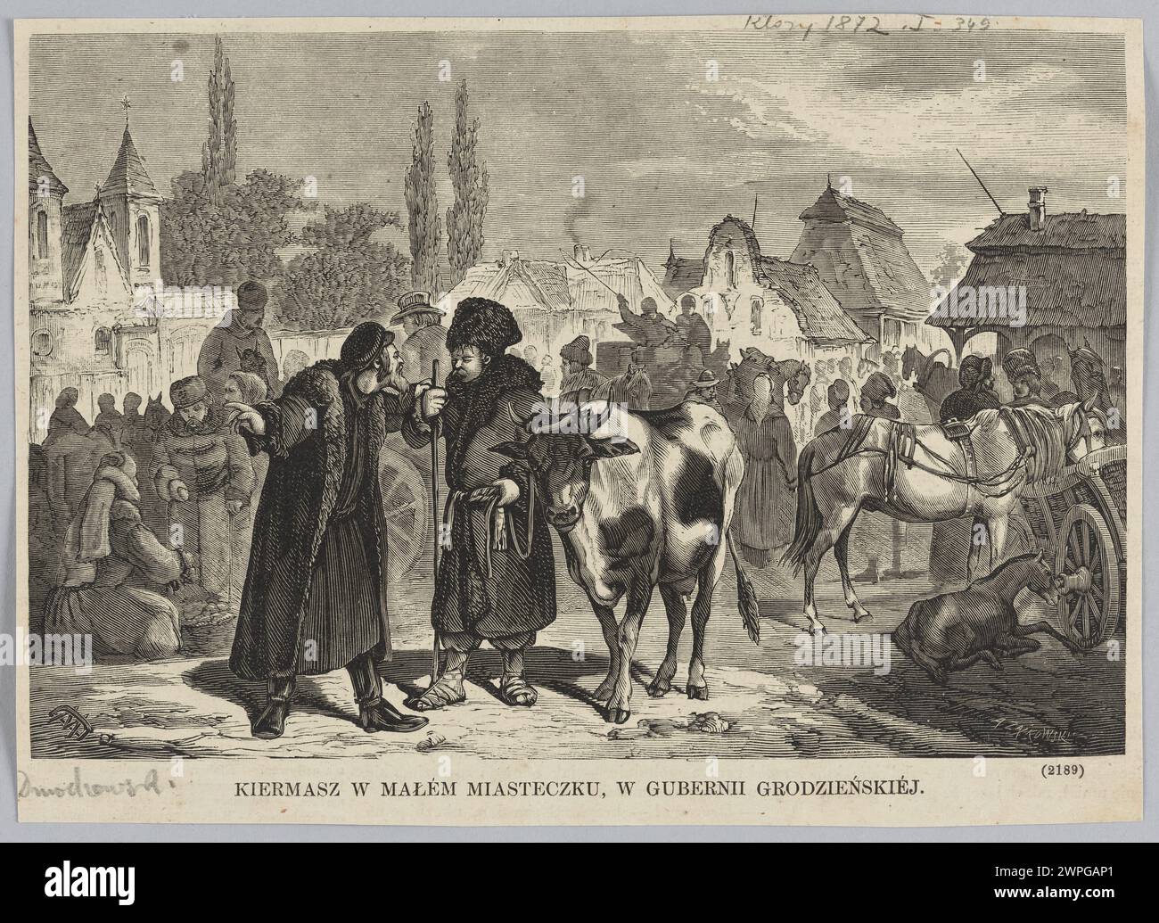 Illustration de 1872 représentant une foire dans une petite ville du gouvernorat de Grodno, créée par Władysław Dmochowski et Andrzej Zajkowski, publiée dans le magazine de Varsovie Kłosy. Banque D'Images