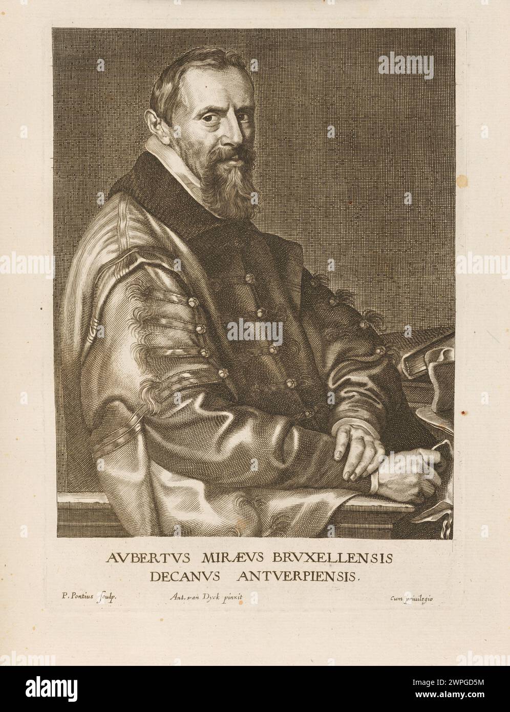 Portrait d'Aubertus Miraeus gravé par Paulus Pontius d'après Anthony Van Dyck, réalisé en 1645-1646, reflétant le style du portrait flamand du XVIIe siècle. Banque D'Images