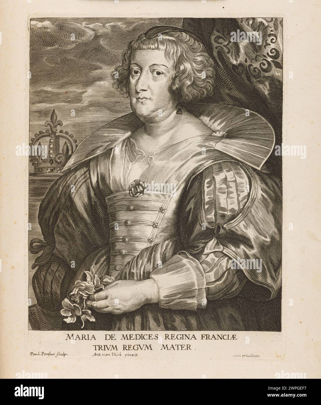 Portrait de Maria de Médicis par Paulus Pontius, Anthony Van Dyck et Gillis Hendricx vers 1645-1646, illustrant le portrait et la technique baroques européens. Banque D'Images
