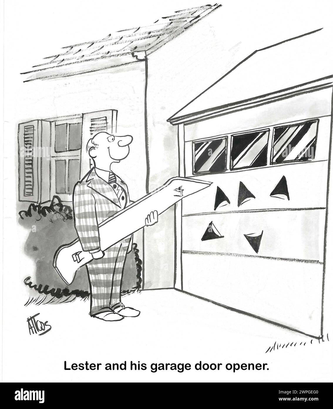 Dessin animé BW d'un homme heureux avec son ouvre-porte de garage inhabituel. Banque D'Images