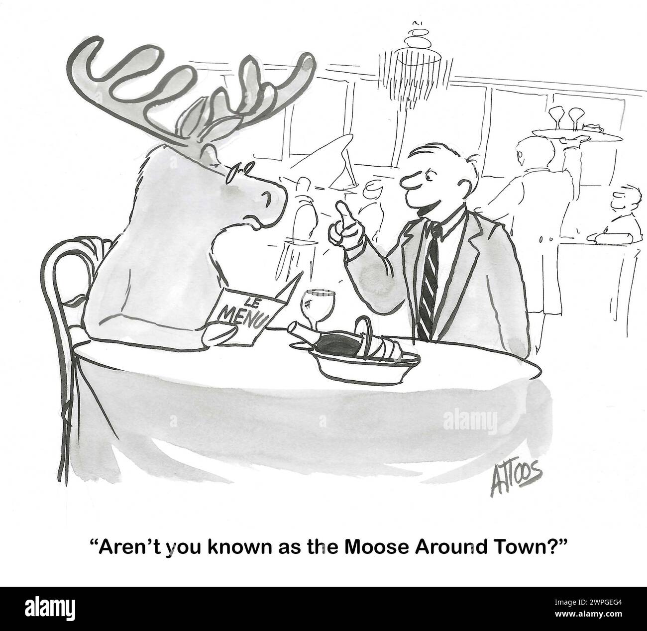 Bande dessinée BW du maître demandant si le patron de l'orignal est, en fait, LE Moose Around Town. Banque D'Images