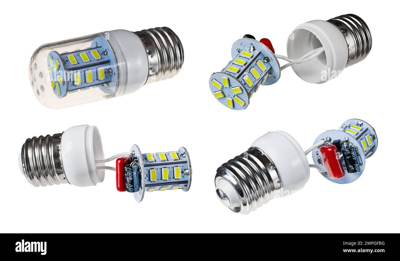 Lampe LED électrique entière et ses parties internes. Diodes électroluminescentes et composants électroniques sur la carte de circuit imprimé du pilote, douilles à vis métalliques sur les câbles. Banque D'Images