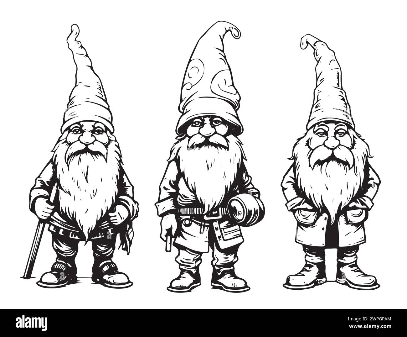 Esquisse GNOME. Mignon jardin gnomes scandinaves sorciers, jardinier barbu petites fées naines illustration vectorielle noire, à venir nains elfes nordiques avec Illustration de Vecteur