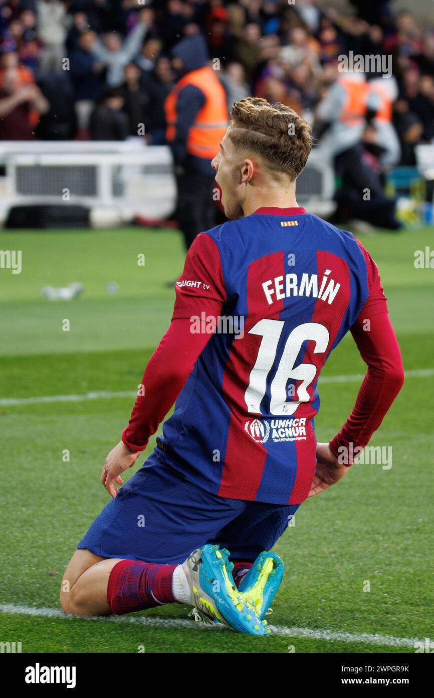 Barcelone, Espagne. 24 février 2024. Fermin Lopez célèbre après avoir marqué un but lors du match LaLiga EA Sports entre le FC Barcelone et Getafe CF AT Banque D'Images