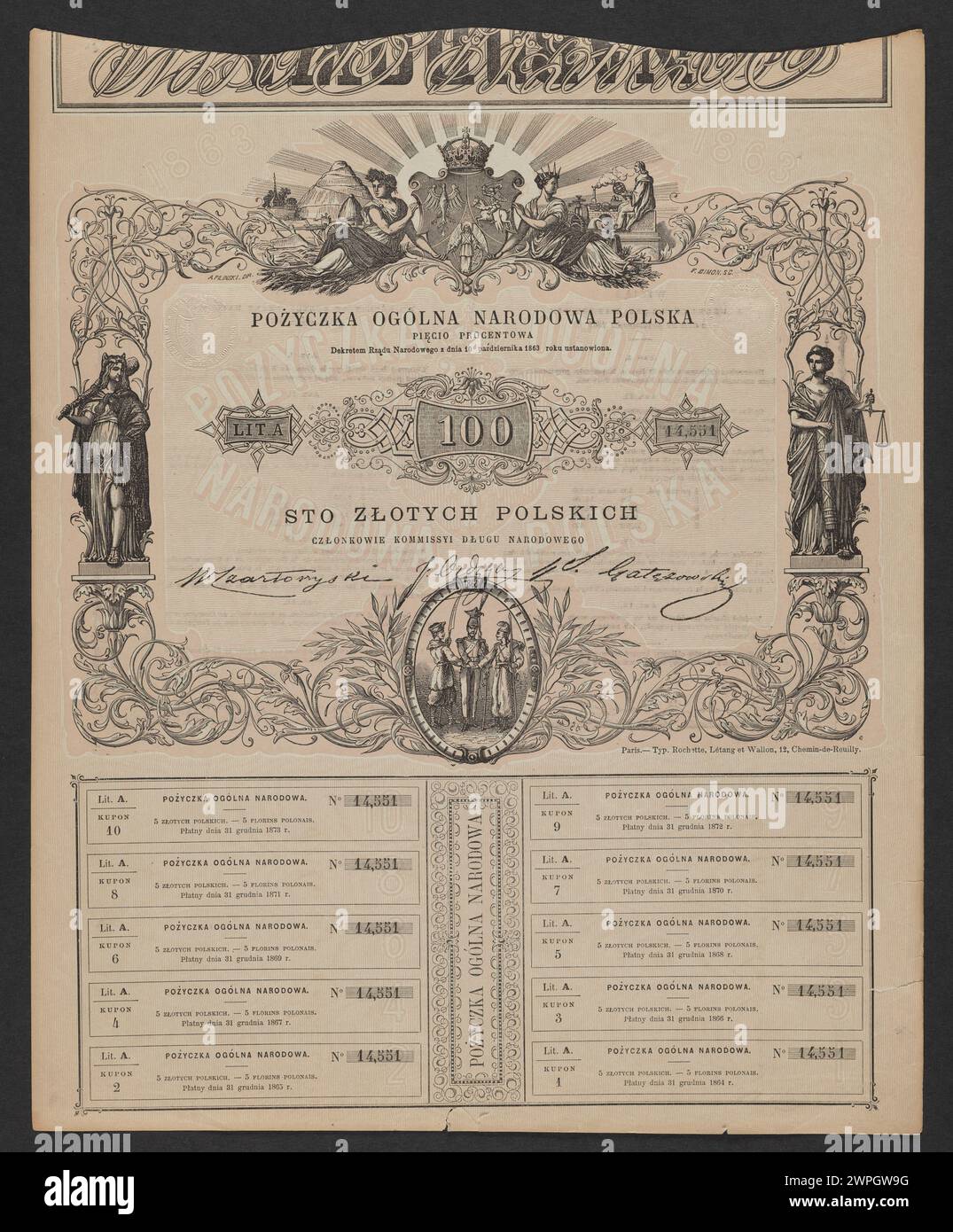 Un jeton national polonais de 5% de 1863, émis par le gouvernement national, montrant le métal estampillé, le marquage numérique et le symbole officiel. Banque D'Images