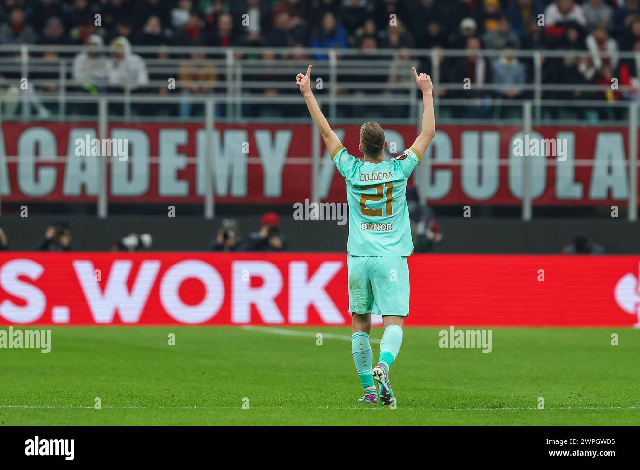 Milan, Italie. 07 mars 2024. David Doudera de SK Slavia Praha célèbre après avoir marqué un but lors de la 16e manche de l'UEFA Europa League 2023/24 entre l'AC Milan et le SK Slavia Praha au stade San Siro, Milan, Italie, le 07 mars 2024 crédit : Independent photo Agency/Alamy Live News Banque D'Images