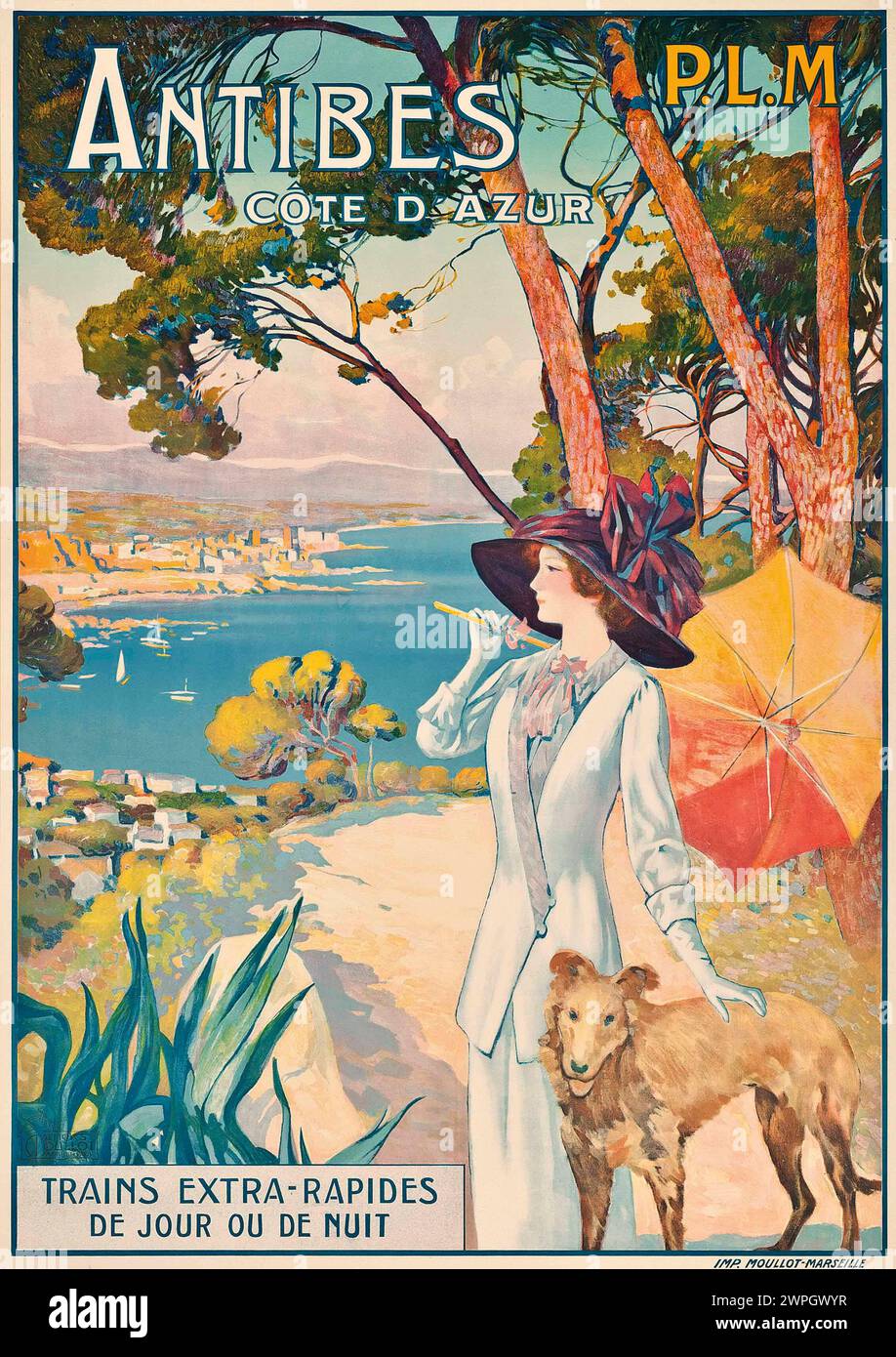 Affiche de voyage en train vintage pour Antibes, Côte d'Azur. Par David Dellepiane 1910 Banque D'Images