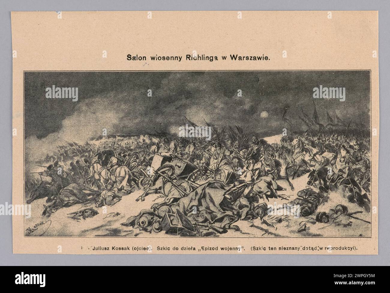 Cette publication de 1912 présente un épisode de guerre illustré par Juliusz Kossak dans le magazine 'Wiatr', numéro 25. L'œuvre fait partie de la série périodique de Varsovie de 1906 à 1939 et décrit des événements militaires historiques. Banque D'Images